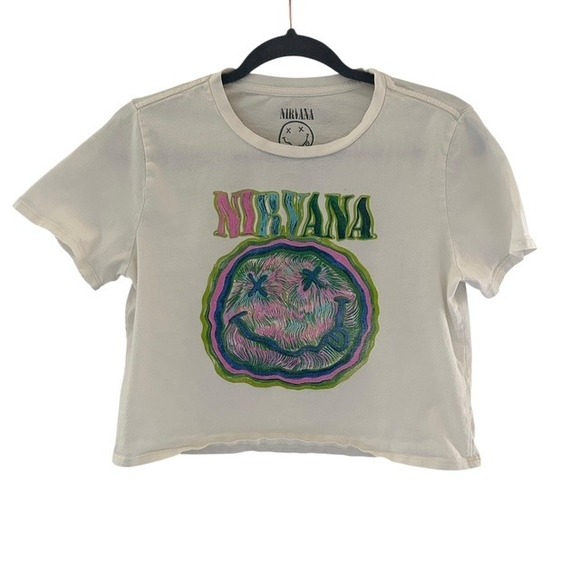 Nirvana Band Tee XL White Cropped Smiley Face Logo Graphic T-Shirt - Picture 1 of 4
